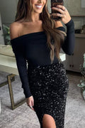 Heididress Off Shoulder Long Sleeves Ribbed Knit Sweater