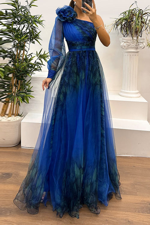 Heididress One Shoulder Long Sleeve Mesh Printed Slit Maxi Dress