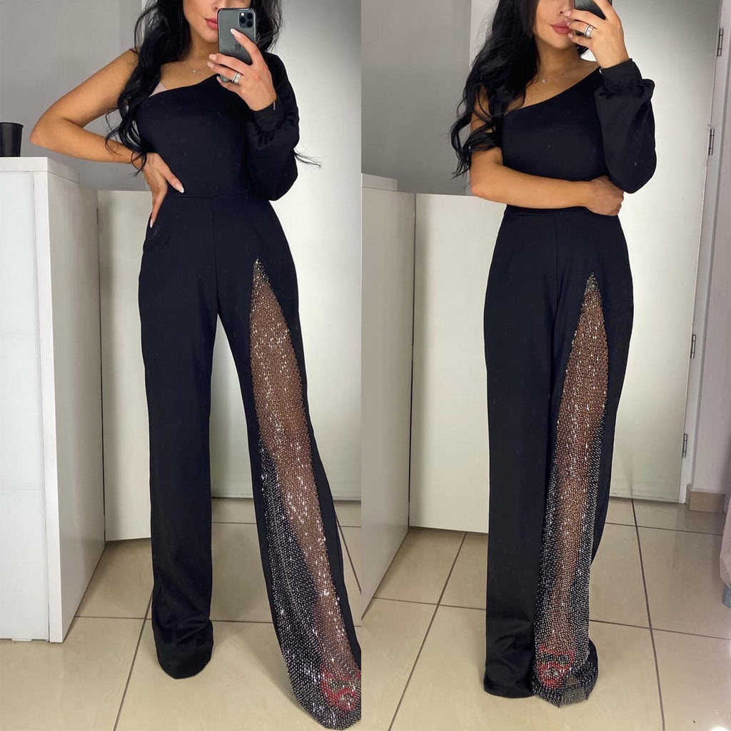 Heididress One Shoulder Long Sleeve Patchwork Wide Leg Jumpsuit