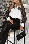 Lapel Long Sleeves Button Up Lace Patchwork Shirt