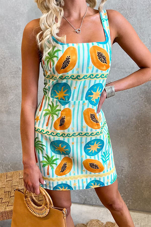 Square Neck Sleeveless Tropic Print Mini Dress