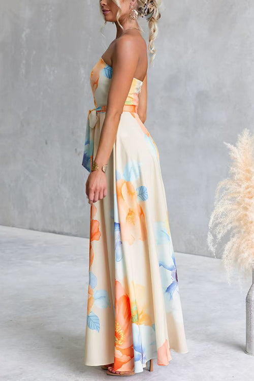 Strapless Bow Waist Floral Print Swing Maxi Dress
