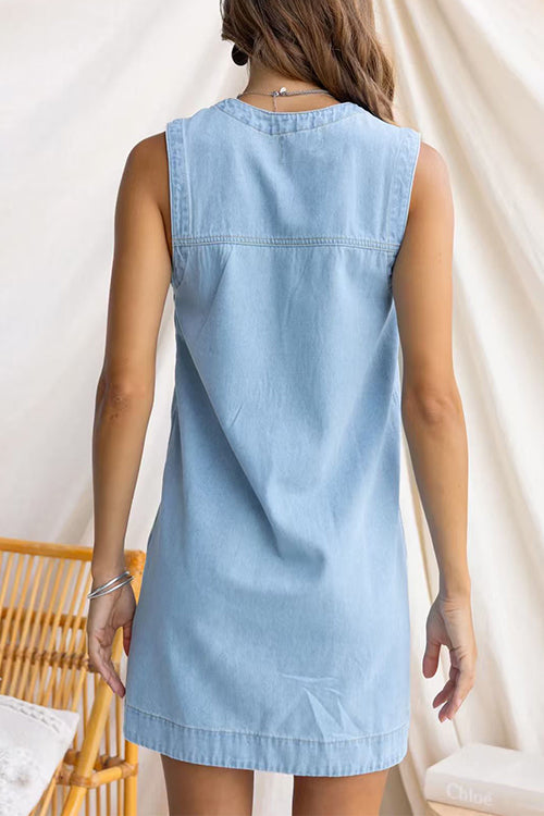V Neck Sleeveless Pocketed Denim Mini Dress