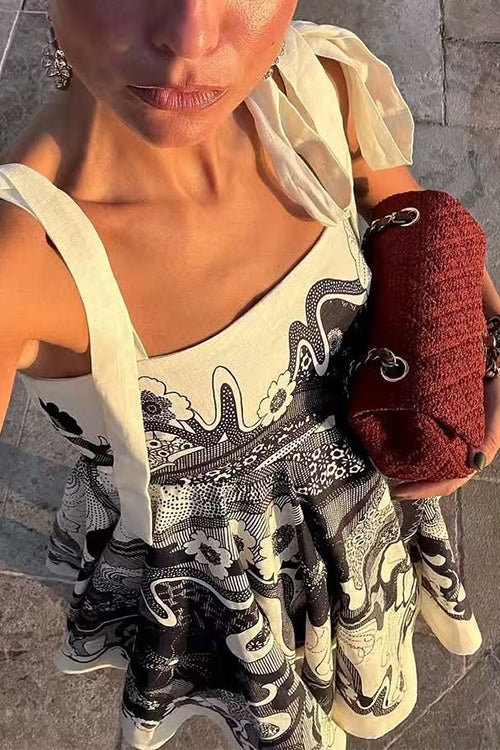 Heididress Bow Shoulder Sleeveless High Waist Floral Print Mini Dress