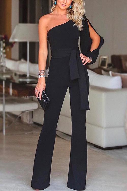 Heididress One Shoulder Slit Sleeve Tie Knot Jumpsuit(7 Colors)
