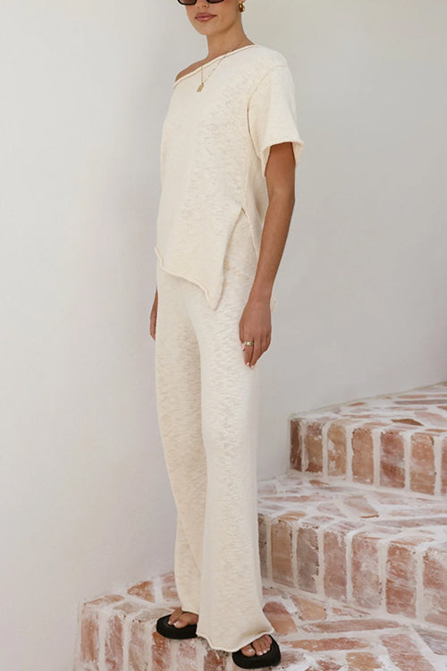 Chic Asymmetrical Shoulder Side Slit Knit Top