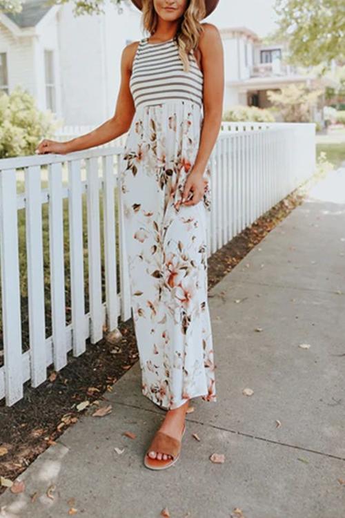 Heididress Sleeveless Stripes Splice Floral Maxi Dress