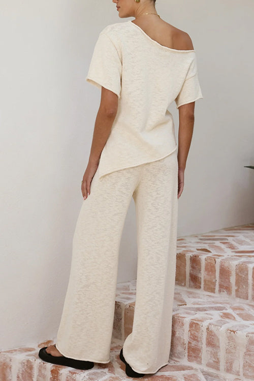 Chic Asymmetrical Shoulder Side Slit Knit Top