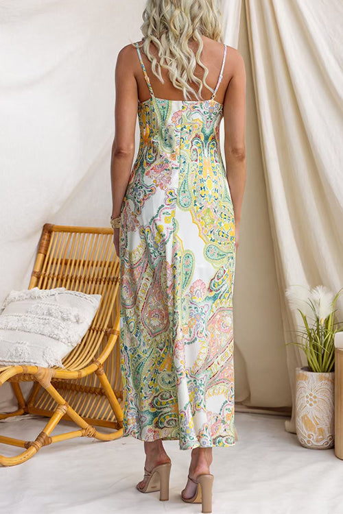 Adjustable Strap V Neck Paisley Print Slit Maxi Dress