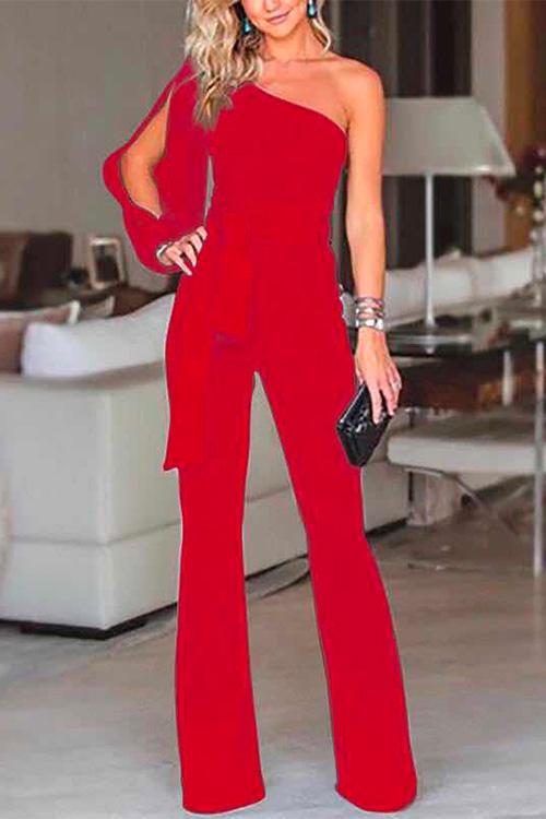 Heididress One Shoulder Slit Sleeve Tie Knot Jumpsuit(7 Colors)
