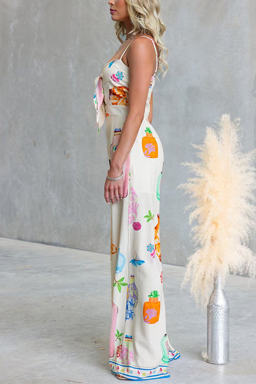Adjustable Strap Tie Knot Front Unique Print Wide Leg Jumpsuit