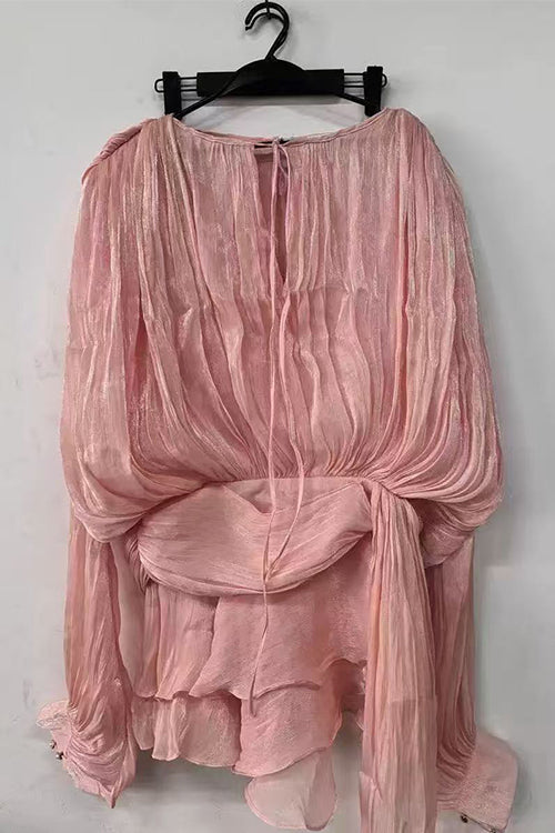 Heididress Lantern Long Sleeves Draped Ruffle Layered Mini Dress with Shorts