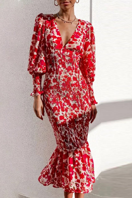 Heididress Deep V Neck Waisted Printed Mermaid Dress