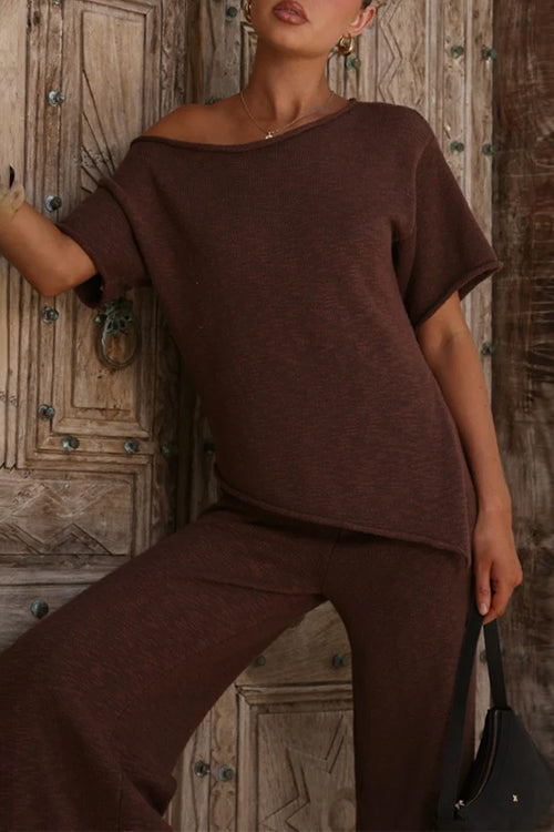 Chic Asymmetrical Shoulder Side Slit Knit Top