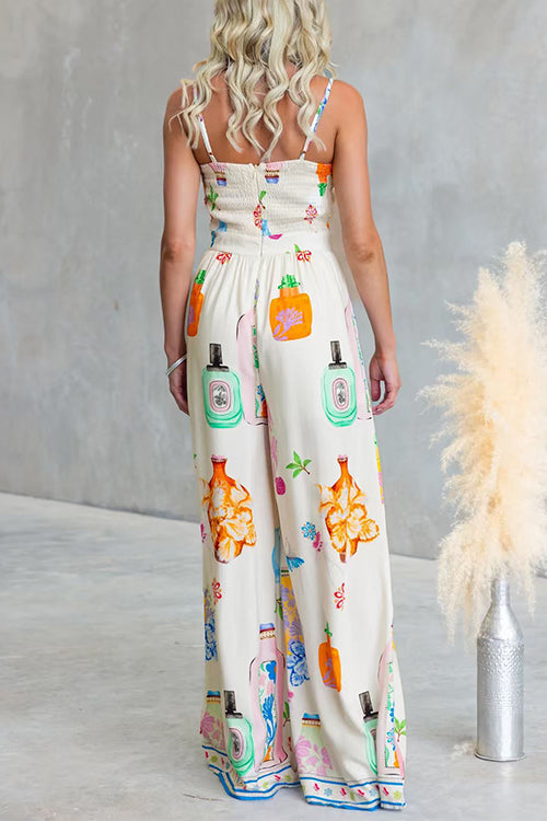 Adjustable Strap Tie Knot Front Unique Print Wide Leg Jumpsuit