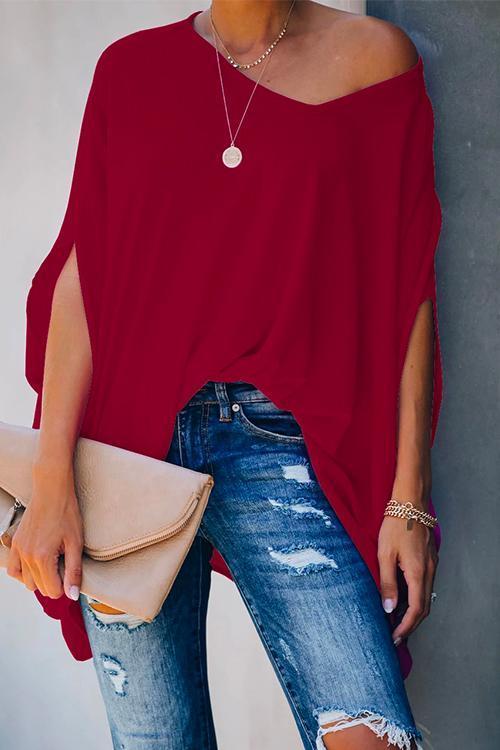 Heididress Loose V Neck Batwing Sleeve Solid T Shirt