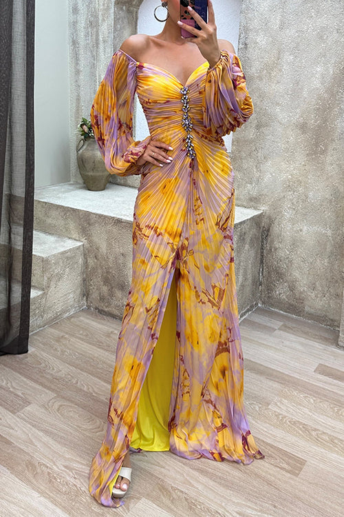 Heididress Off Shoulder Rhinestones Detail Printed Slit Pleated Maxi Dress