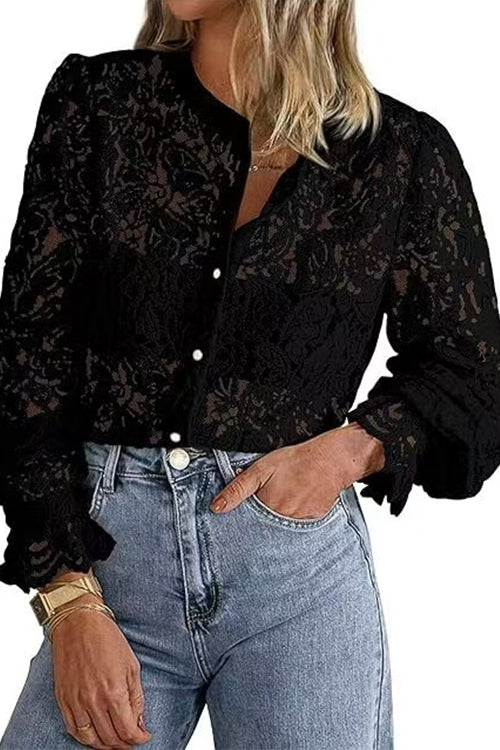 Heididress Ruffle Long Sleeves Button Up Lace Shirt