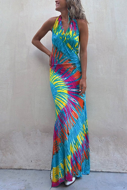 Heididress Sleeveless Halter Backless Maxi Tie Dye Dress