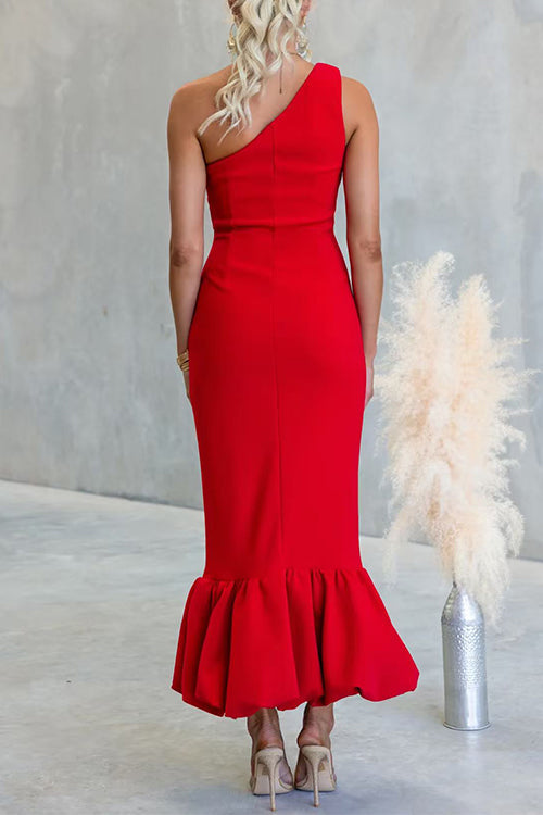One Shoulder Sleeveless Ruffle Hem Bodycon Maxi Dress