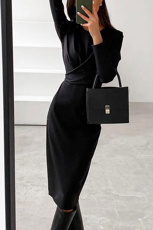 Heididress Solid Front Cross Slit Back Ruched Midi Dress