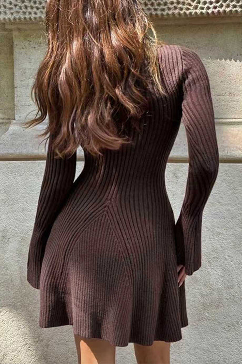 Heididress High Neck Long Sleeves Ribbed Knit Mini Sweater Dress