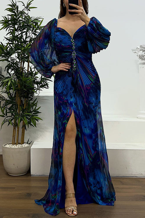 Heididress Off Shoulder Rhinestones Detail Printed Slit Pleated Maxi Dress