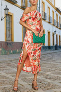 Asymmetrical Shoulder Split Floral Print Midi Dress