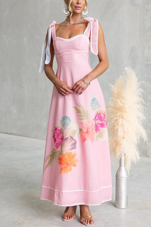 Bow Shoulder Sleeveless Floral Print Swing Maxi Dress