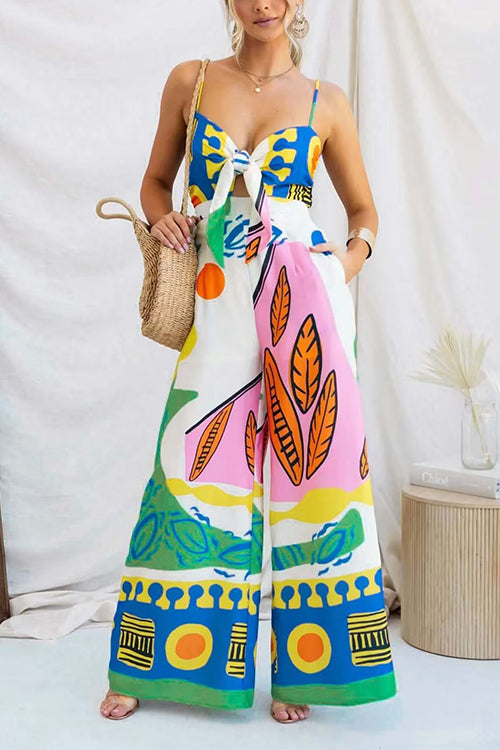 Heididress Spaghetti Strap Cut Out Unique Print Wide Leg Jumpsuit
