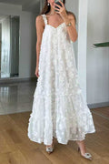 Heididress V Neck Sleeveless Flower Applique Ruffle Maxi Dress