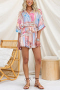 Half Sleeves Button Up Bow Waist Printed Romper