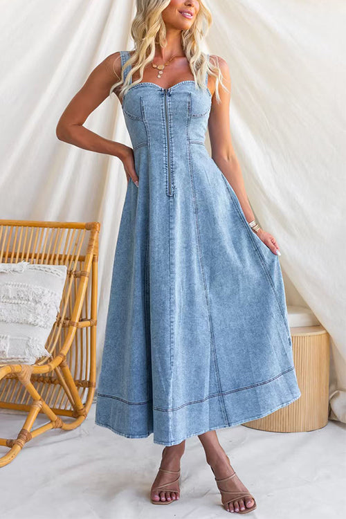 Sleeveless Zipper Up Front Denim Swing Midi Dress