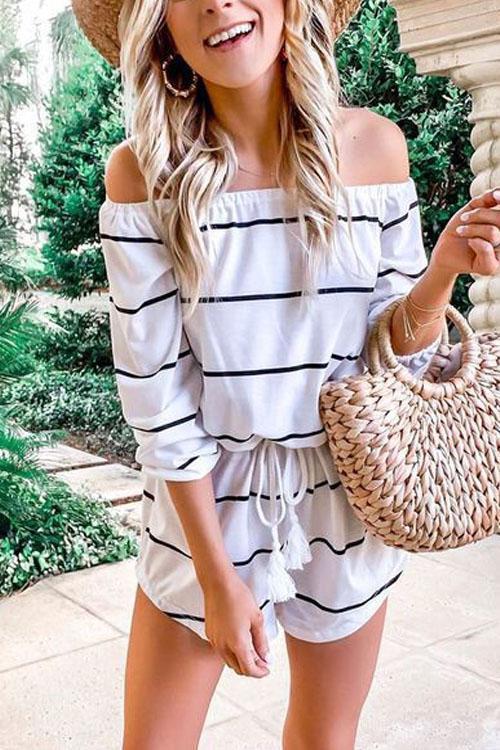 Heididress Off Shoulder Drawstring Waist Striped Shorts Jumpsuit