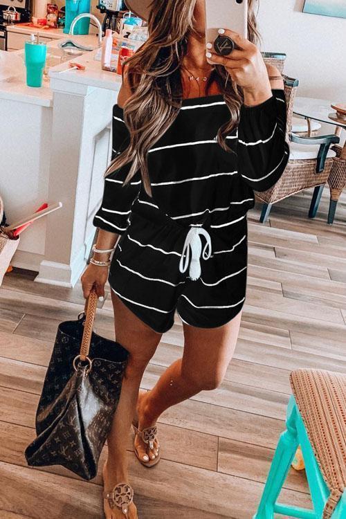 Heididress Off Shoulder Drawstring Waist Striped Shorts Jumpsuit
