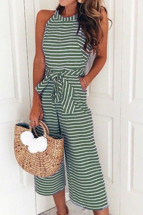 Heididress Crewneck Sleeveless Striped Bow-Knot Wide Leg Jumpsuit