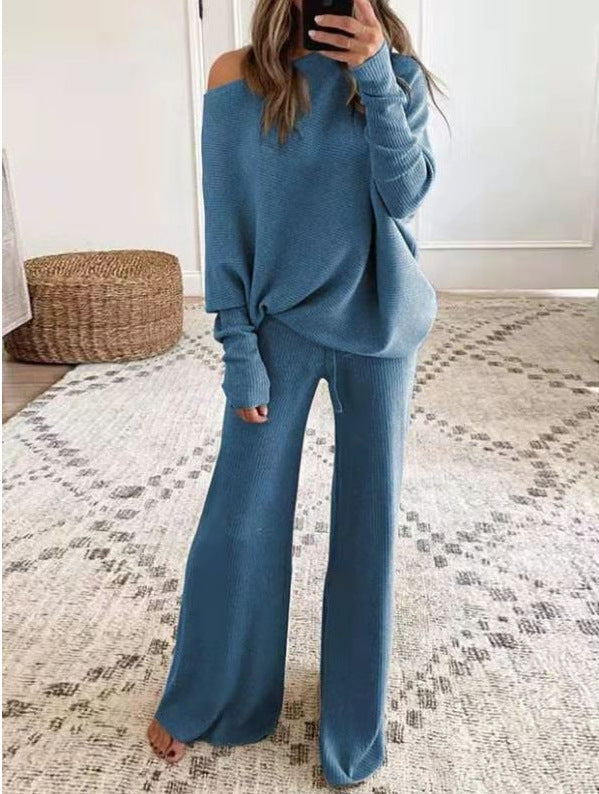 Heididress Cold Shoulder Pullover and Tie Waist Pants Solid Knit Set