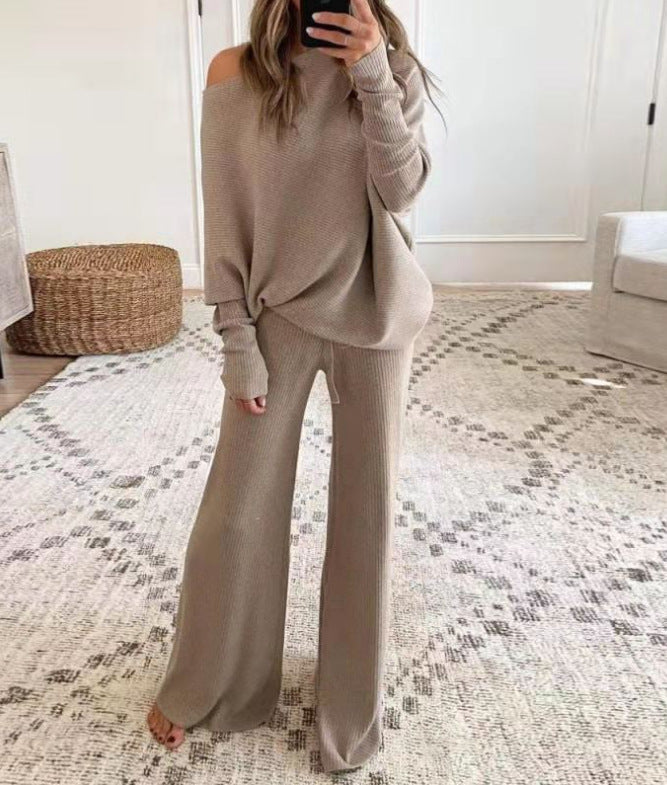 Heididress Cold Shoulder Pullover and Tie Waist Pants Solid Knit Set