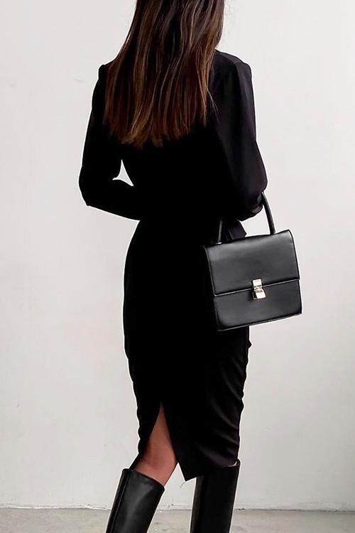 Heididress Solid Front Cross Slit Back Ruched Midi Dress