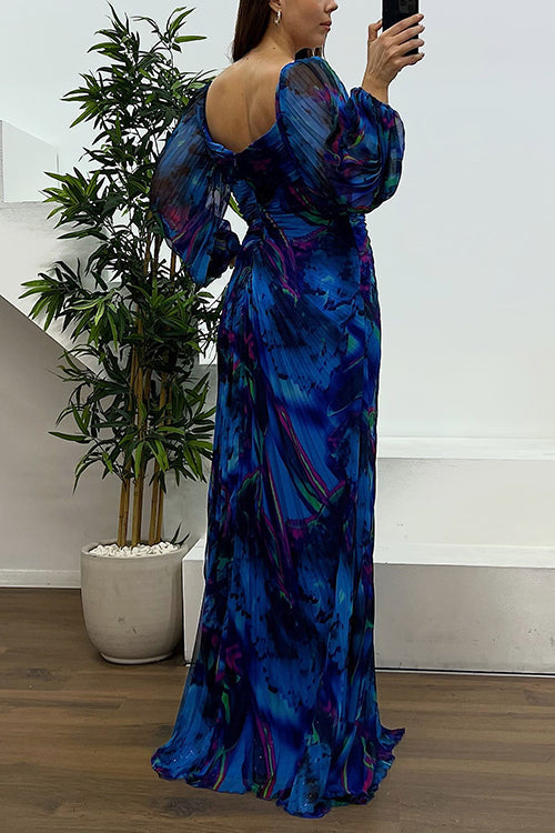 Heididress Off Shoulder Lantern Long Sleeves Printed Slit Pleated Maxi Dress
