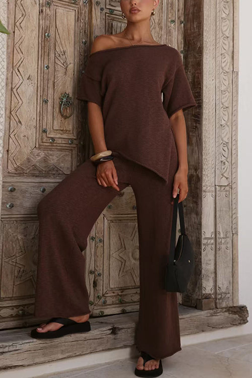 Chic Asymmetrical Shoulder Side Slit Knit Top