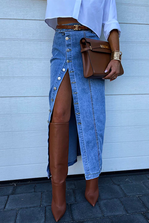 Heididress High Rise Button Down Slit Denim Skirt