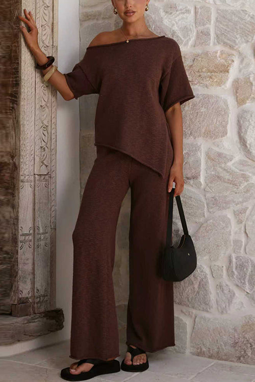 Chic Asymmetrical Shoulder Side Slit Knit Top