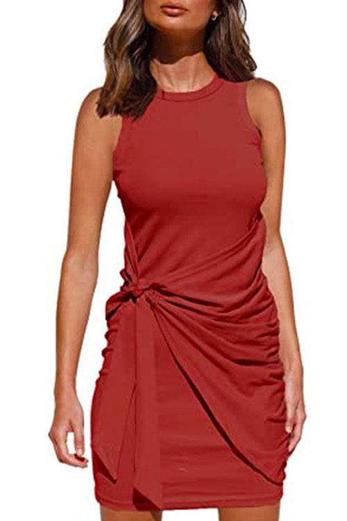 Heididress Crewneck Knot Front Ruched Sleeveless Dress