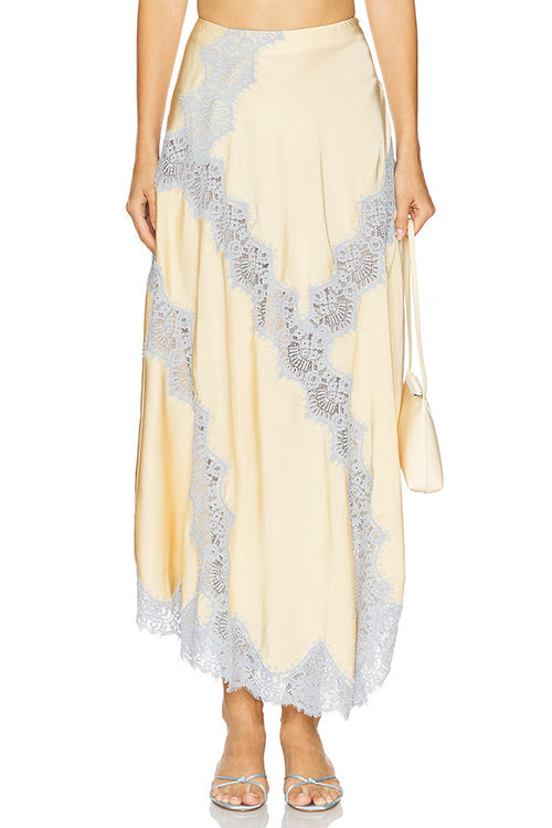 Heididress High Rise Color Block Lace Trim Satin Maxi Skirt