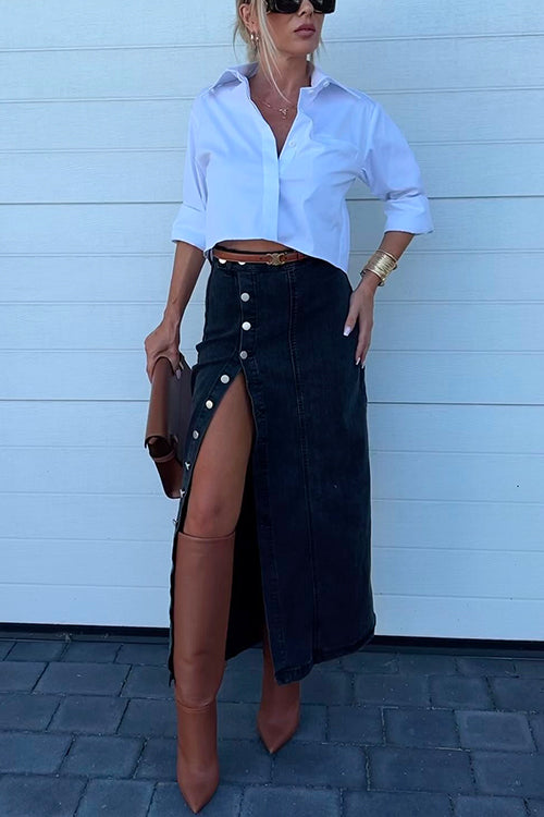 Heididress High Rise Button Down Slit Denim Skirt