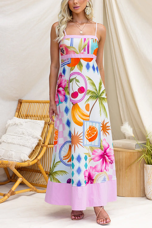 Spaghetti Strap Tropical Fruit & Floral Print A-Line Maxi Dress