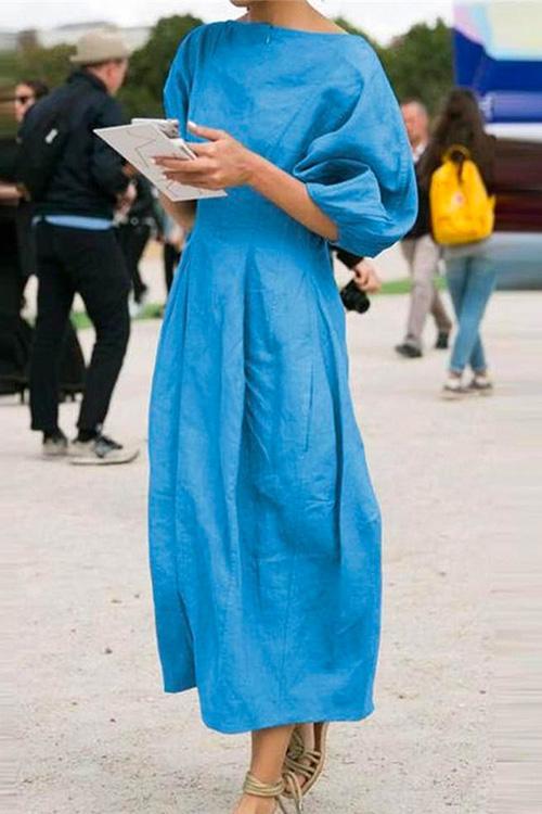 Heididress Lantern Sleeve Ruched Midi Cotton Linen Dress