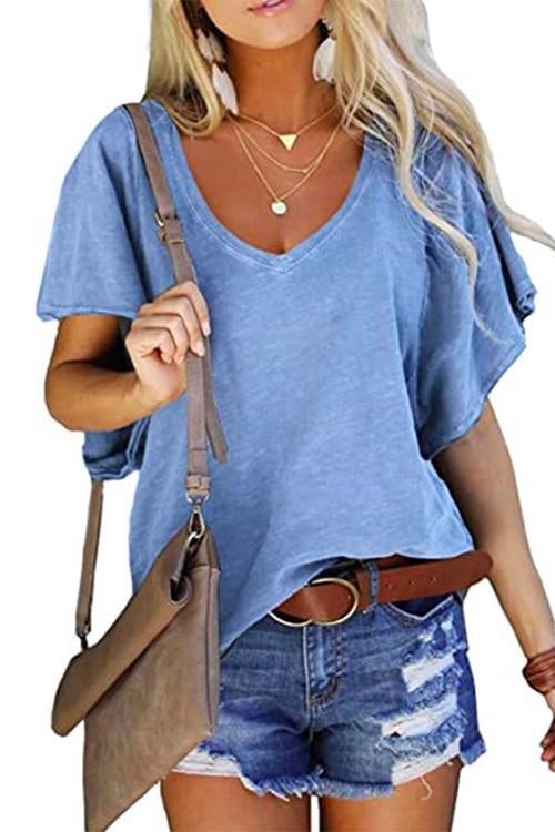 Heididress V Neck Ruffle Sleeves Loose T Shirt
