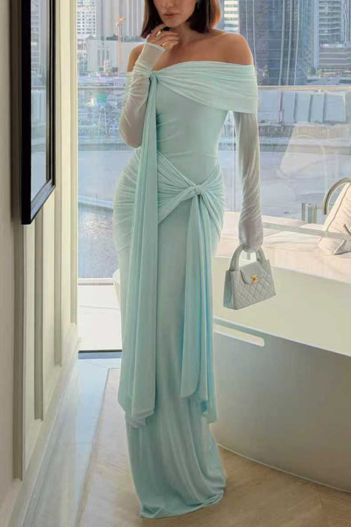 Heididress Off Shoulder Long Sleeves Knot Waist Draped Maxi Dress